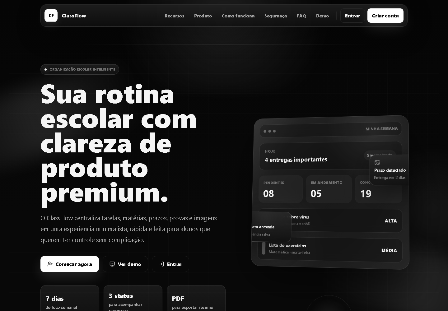Landing page escura do ClassFlow com resumo do produto, navegação e painel ilustrativo da rotina semanal